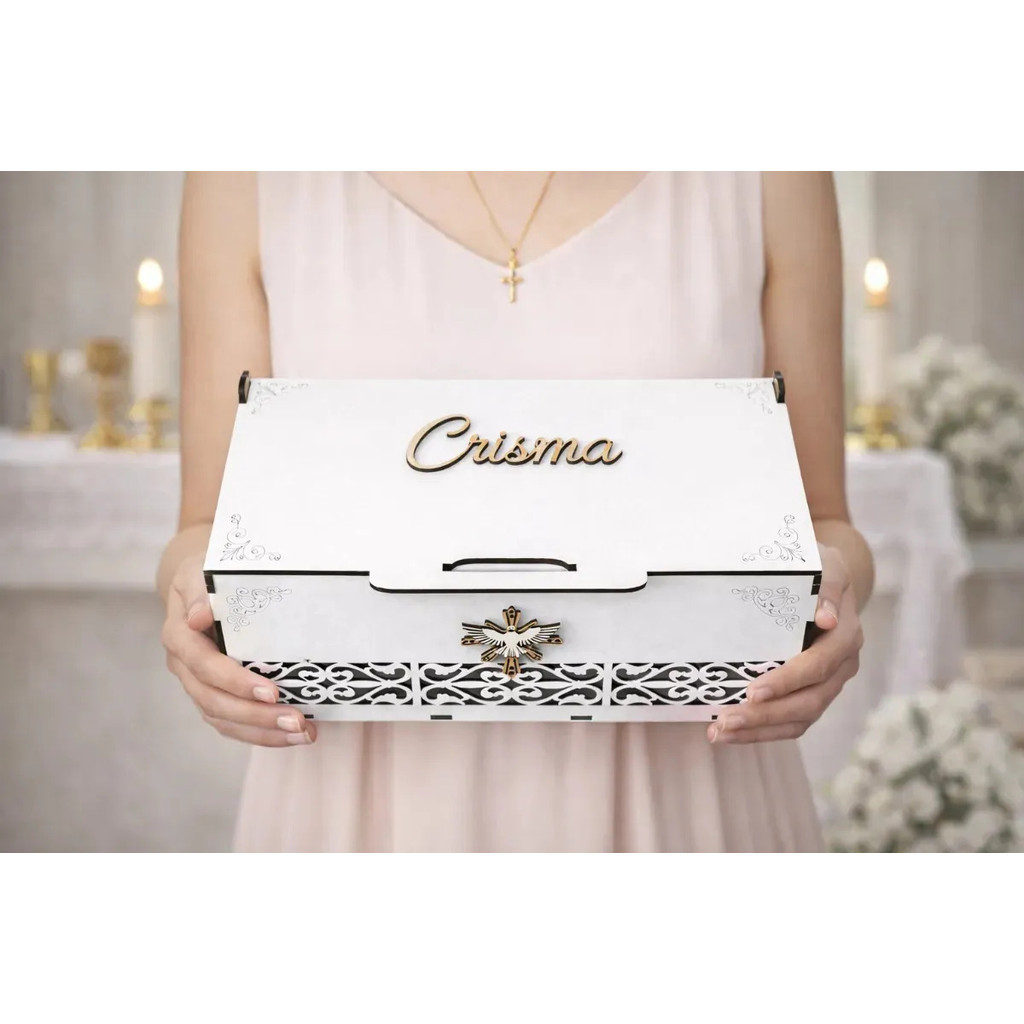 Caixa Religiosa Crisma MDF Branco Espírito Santo Presente Especial Crisma