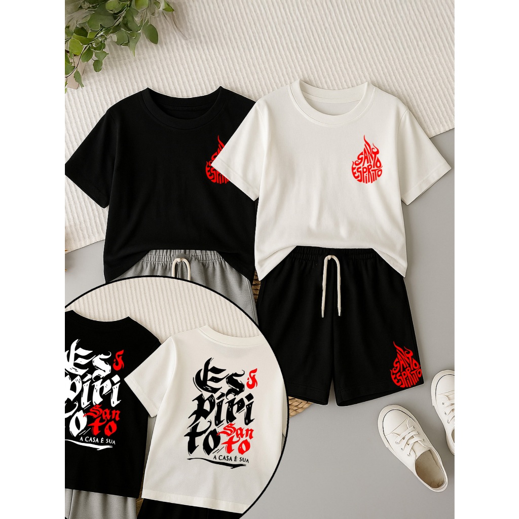 KIT 4 Peças 2 ao 16 anos de Camiseta e Shorts Branco Preto Cinza 100% Algodão Espirito Santo