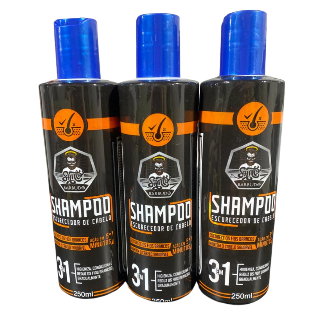 Shampoos Escurecedores Kit com 3 SANTO BARBUDO 250ml - Reduz Fios Brancos.