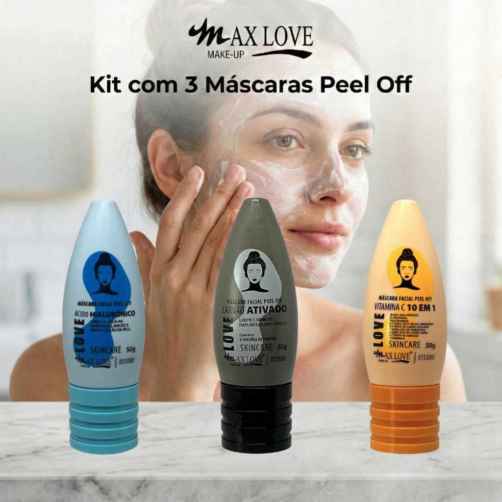 Kit com 3 Máscaras Peel Off - Ácido Hialurônico, Carvão Ativado, Vitamina C 10em1 Max Love