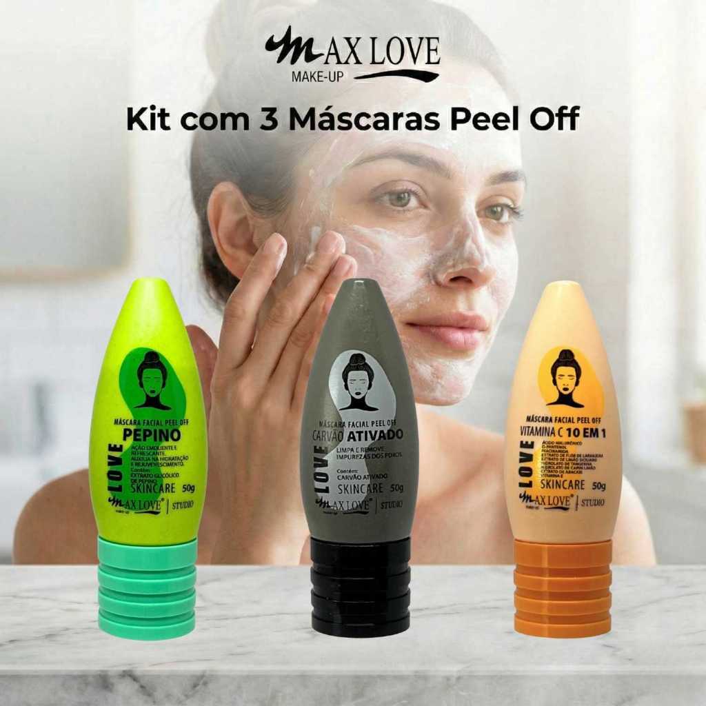 Kit com 3 Máscaras Peel Off - Pepino, Carvão Ativado, Vitamina C 10em1 Max Love