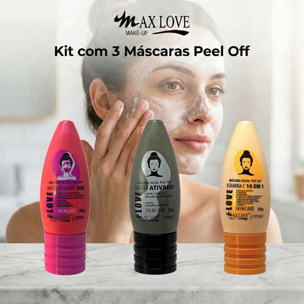 Kit com 3 Máscaras Peel Off - AntiOleosidade Dia, Carvão Ativado, Vitamina C 10em1 Max Love