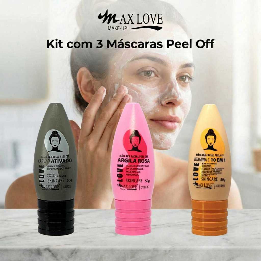 Kit com 3 Máscaras Peel Off - Carvão Ativado, Vitamina C 10em1, Argila Rosa Max Love
