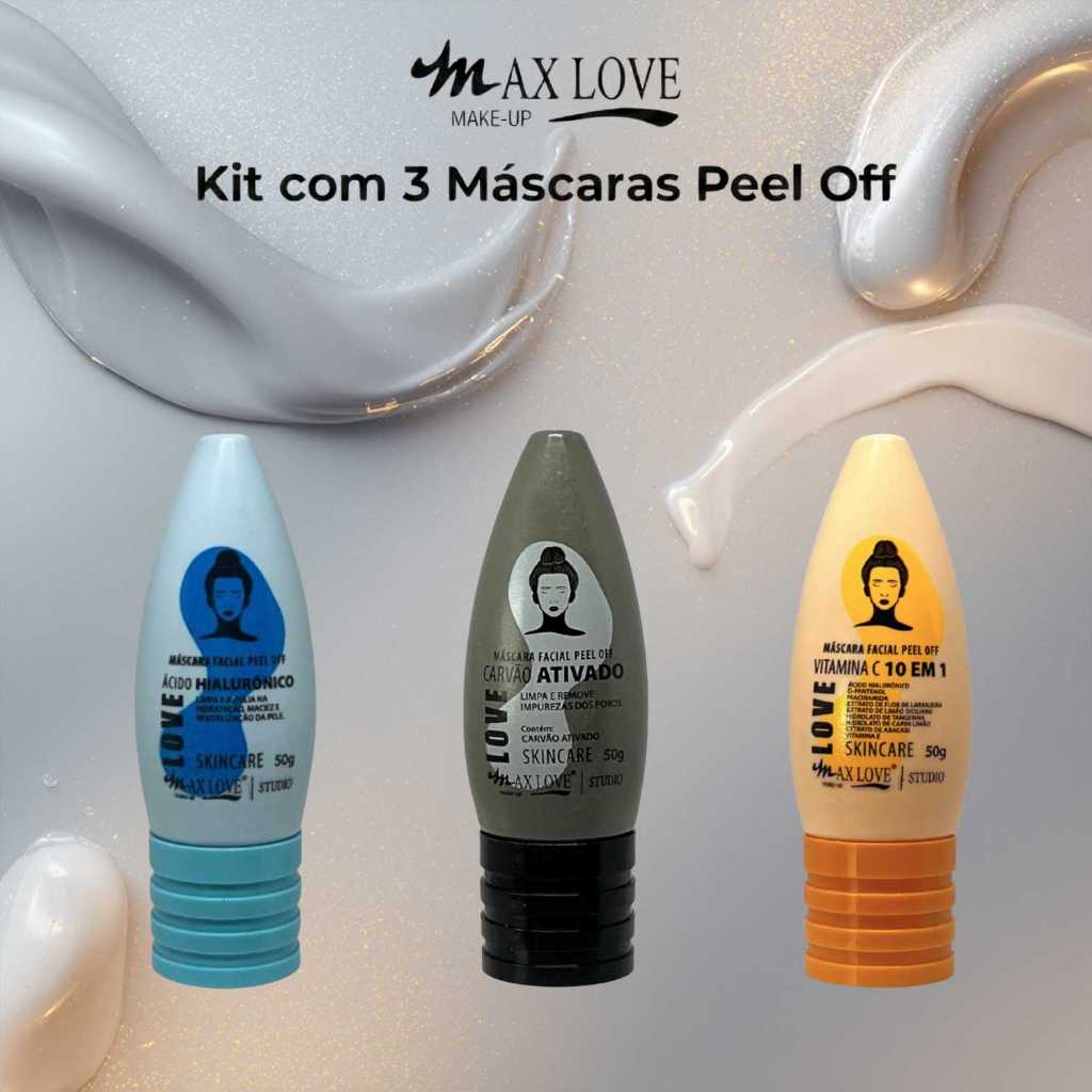 Kit com 3 Máscaras Peel Off - Ácido Hialurônico, Carvão Ativado, Vitamina C 10em1 - Max Love