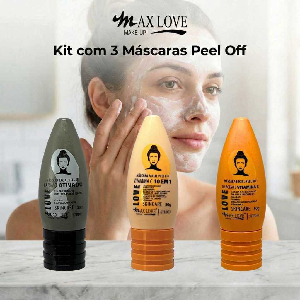 Kit com 3 Máscaras Peel Off - Carvão Ativado, Vitamina C 10em1, Vitamina C Max Love