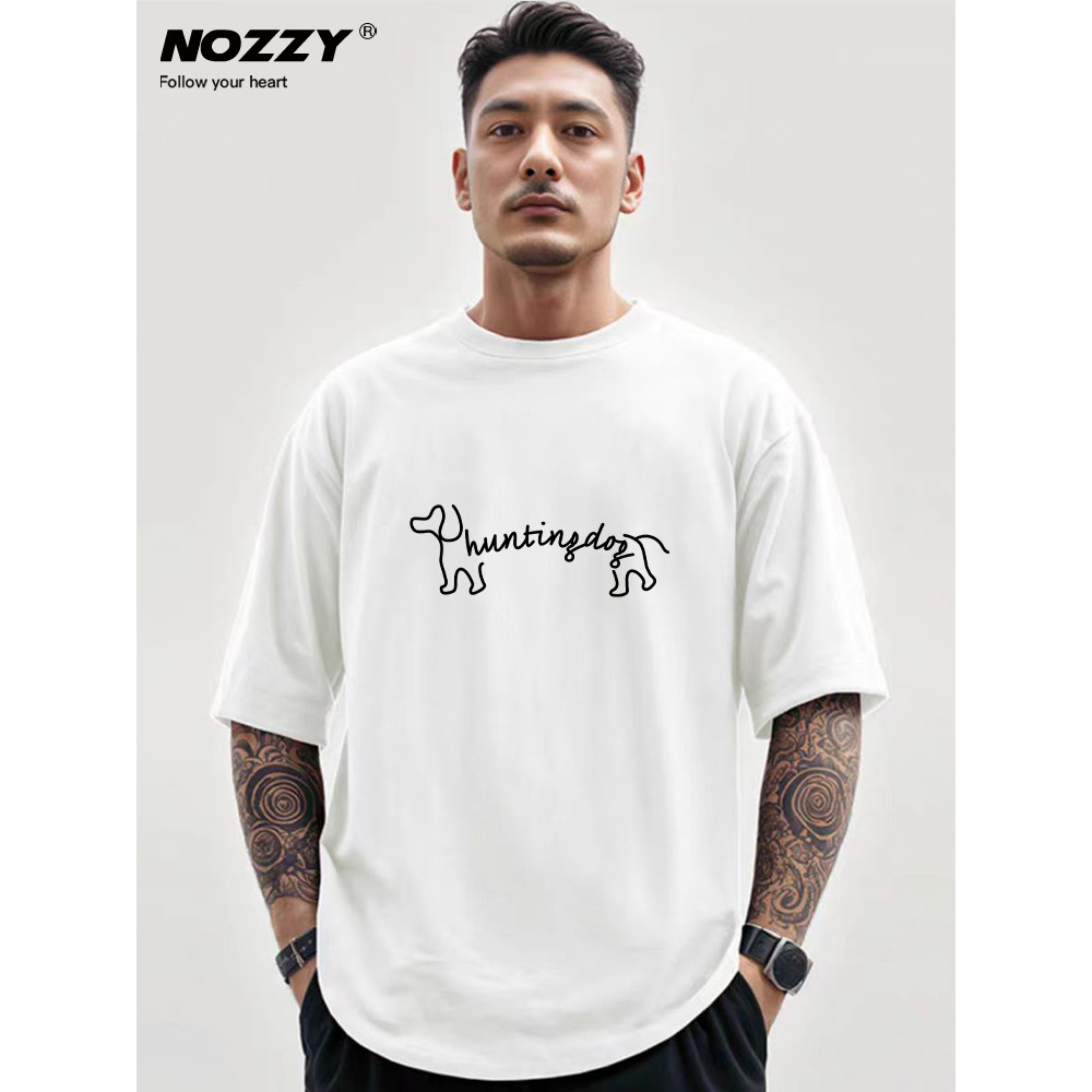 [Street Wear Line Dog] Camiseta branca de manga curta masculina americana High Street solta 2026 novo estilo verão algod