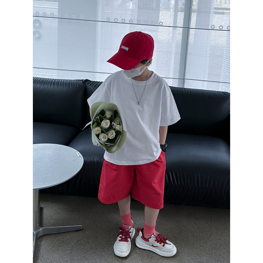 Camiseta branca pura para meninos de manga curta 2025 novo estilo verão roupas infantis verão fino meia manga puro algod