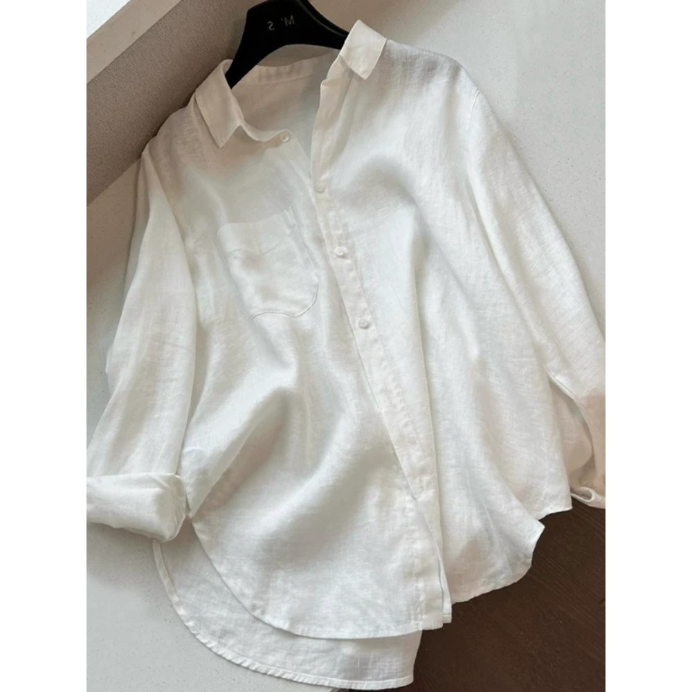 Camisa protetora solar branca de linho de seda gelo feminina verão fino solto estilo preguiçoso camisa de linho de algod