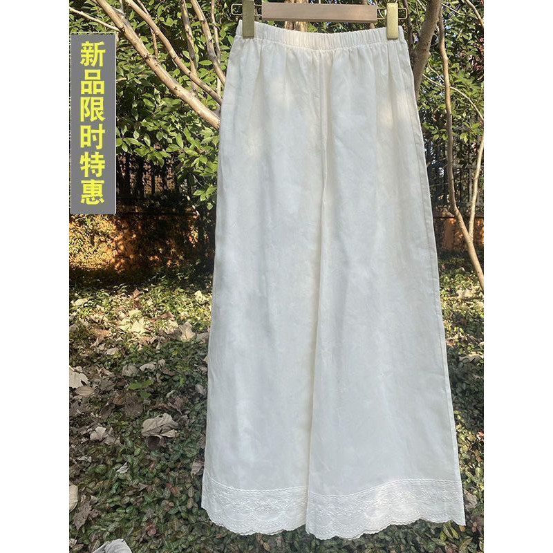 Arte japonesa renda branca calças de perna larga 2025 primavera verão novo estilo cintura alta solta em linha reta algod