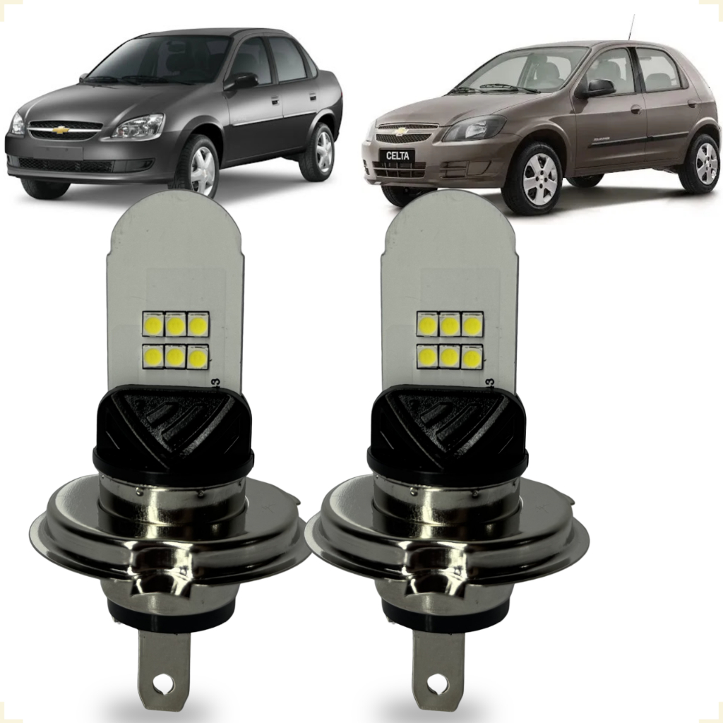 Lâmpada Led Farol Super Branca H4 Silver Potente 12V Forte Par Alto Baixo Carro Celta Corsa Classic