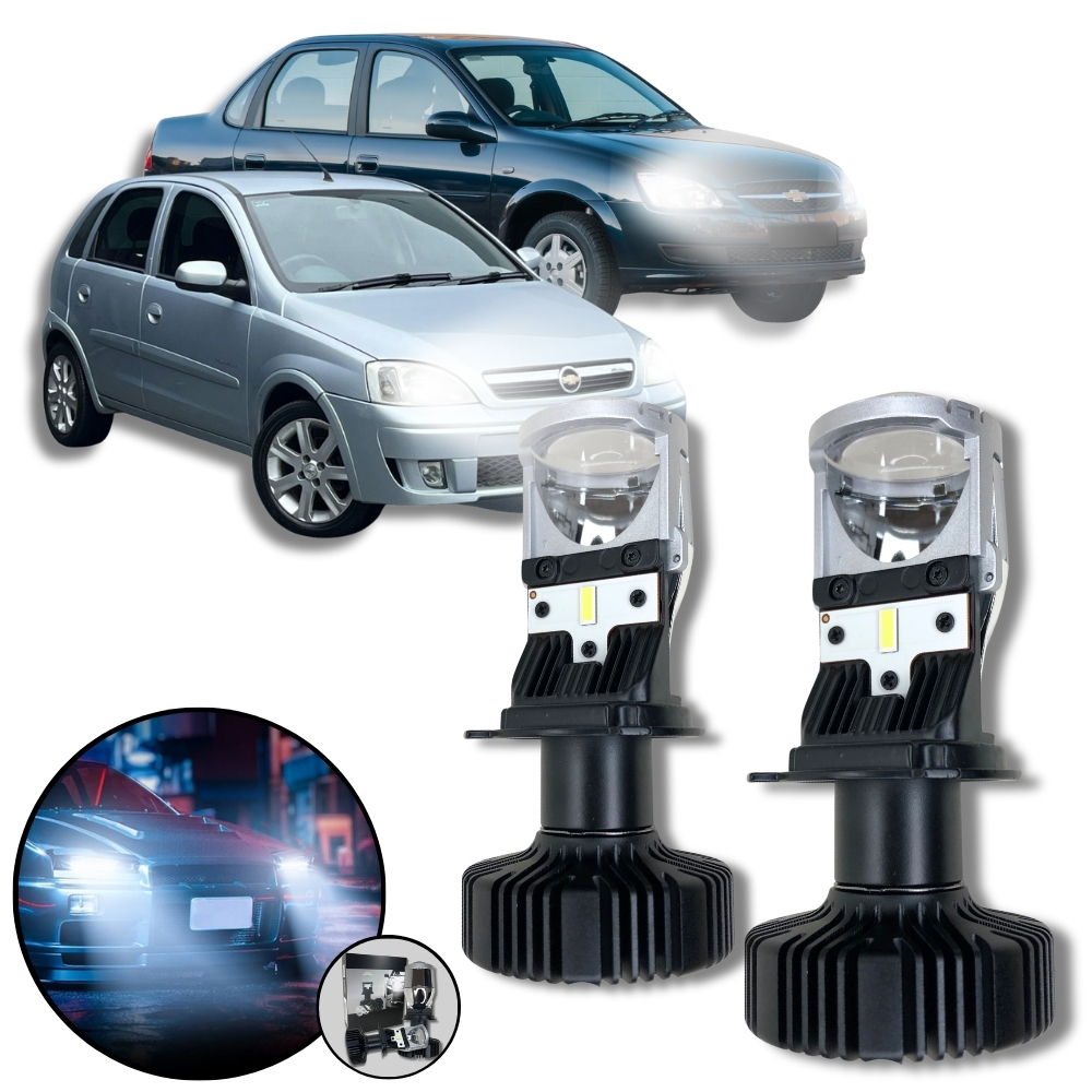 Mini Projetor Elíptico Farol Baixo Alto H4 GM Chevrolet Corsa Classic 6000K 12V 36W 10400LM