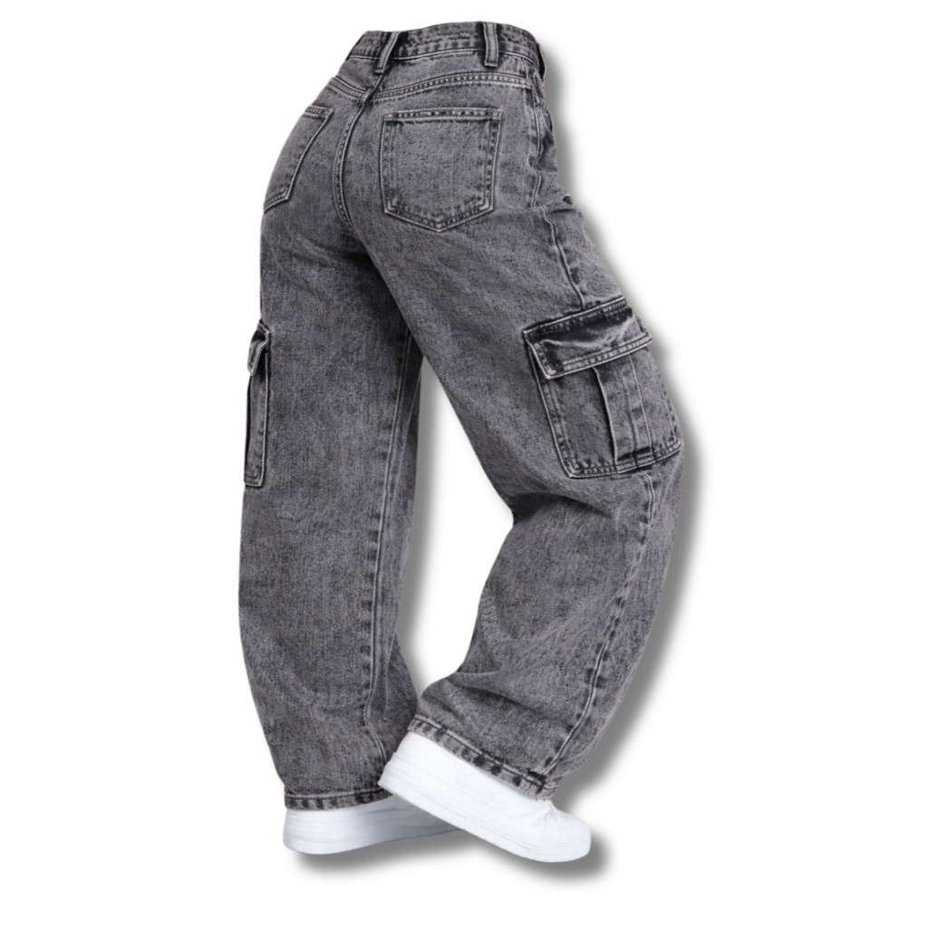 Calça Jeans Wide Leg Infantil/Juvenil Preto Grafite Cintura Alta Efeito Marmorizado Jateado Modelo Lançamento - Conforto