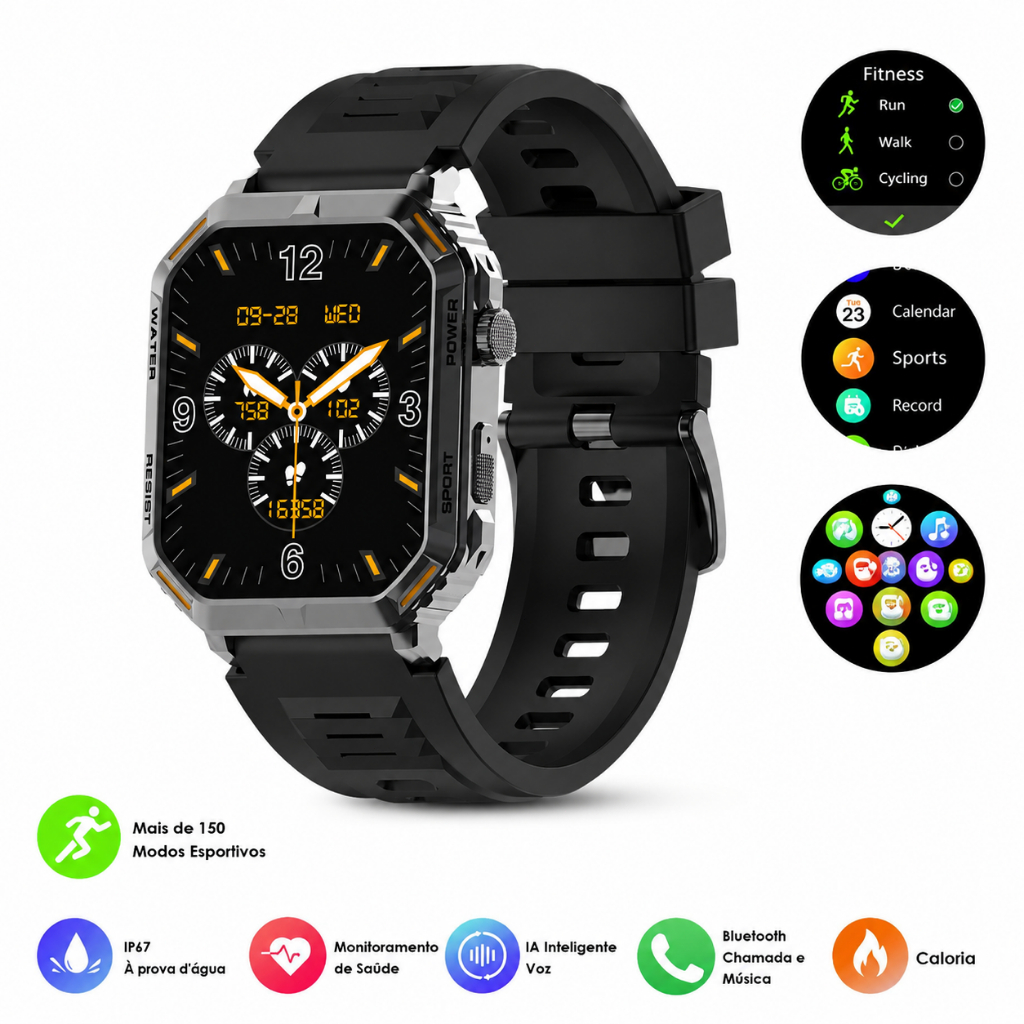 Smartwatch Feminino/Masculino Preto 1.96” HD | Monitoramento de Saúde, Exercícios, Clima em Tempo Real e Multifuncional