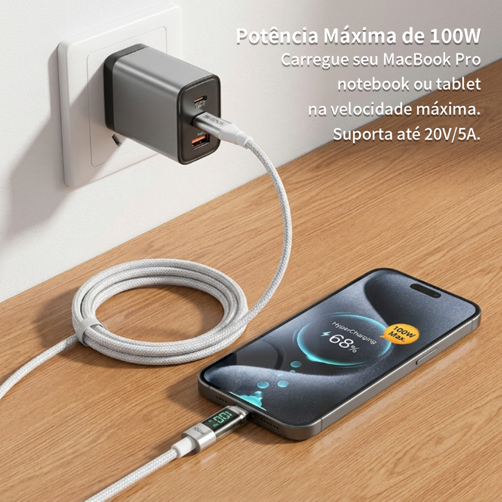 Cabo USB-C 100W com Display LED, Nylon Trançado Reforçado, 2 Metros, Monitoramento em Tempo Real