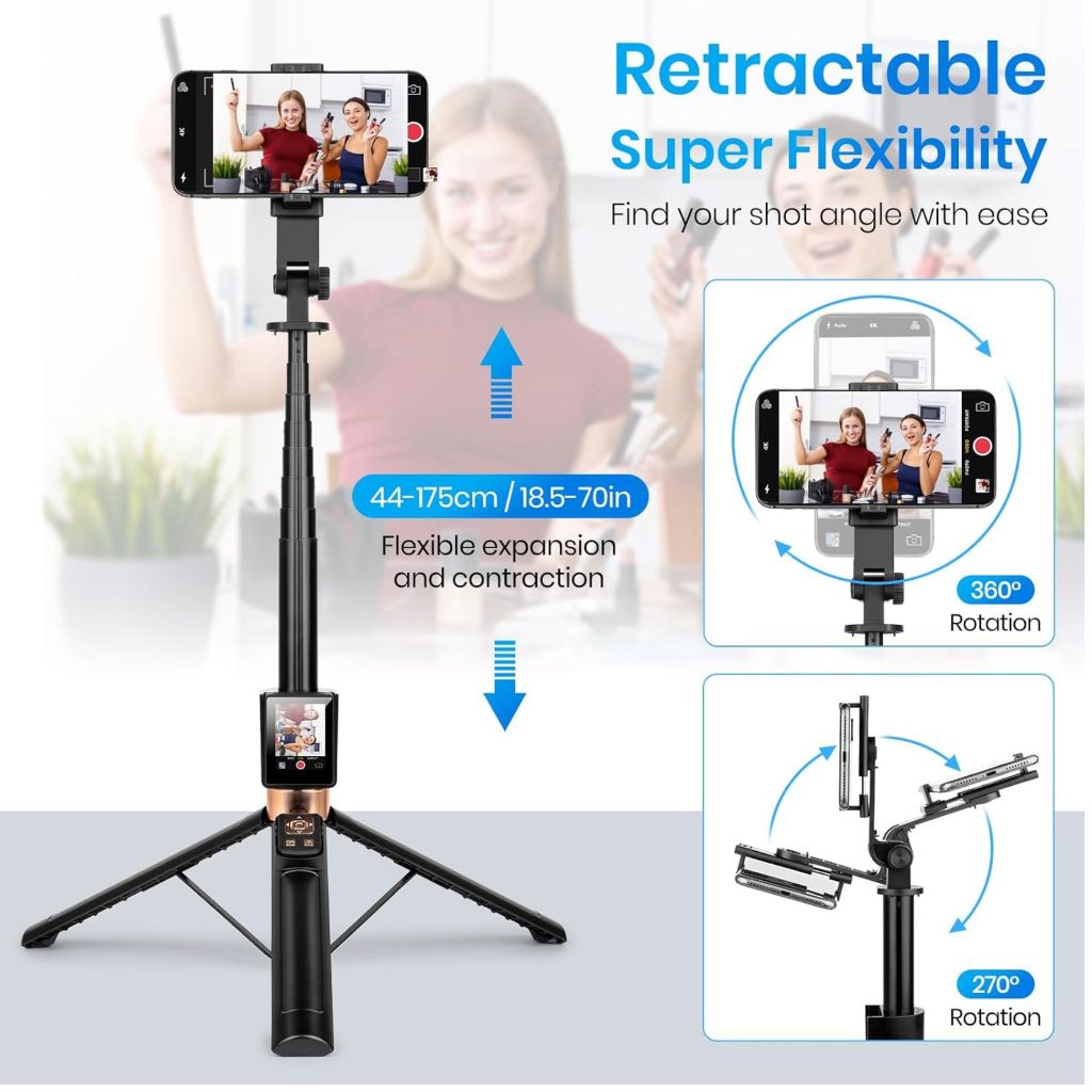 Tripé Extensível de 1,7m com Bastão de Selfie e Tela LCD para Monitoramento em Tempo Real, Controle Remoto Sem APP