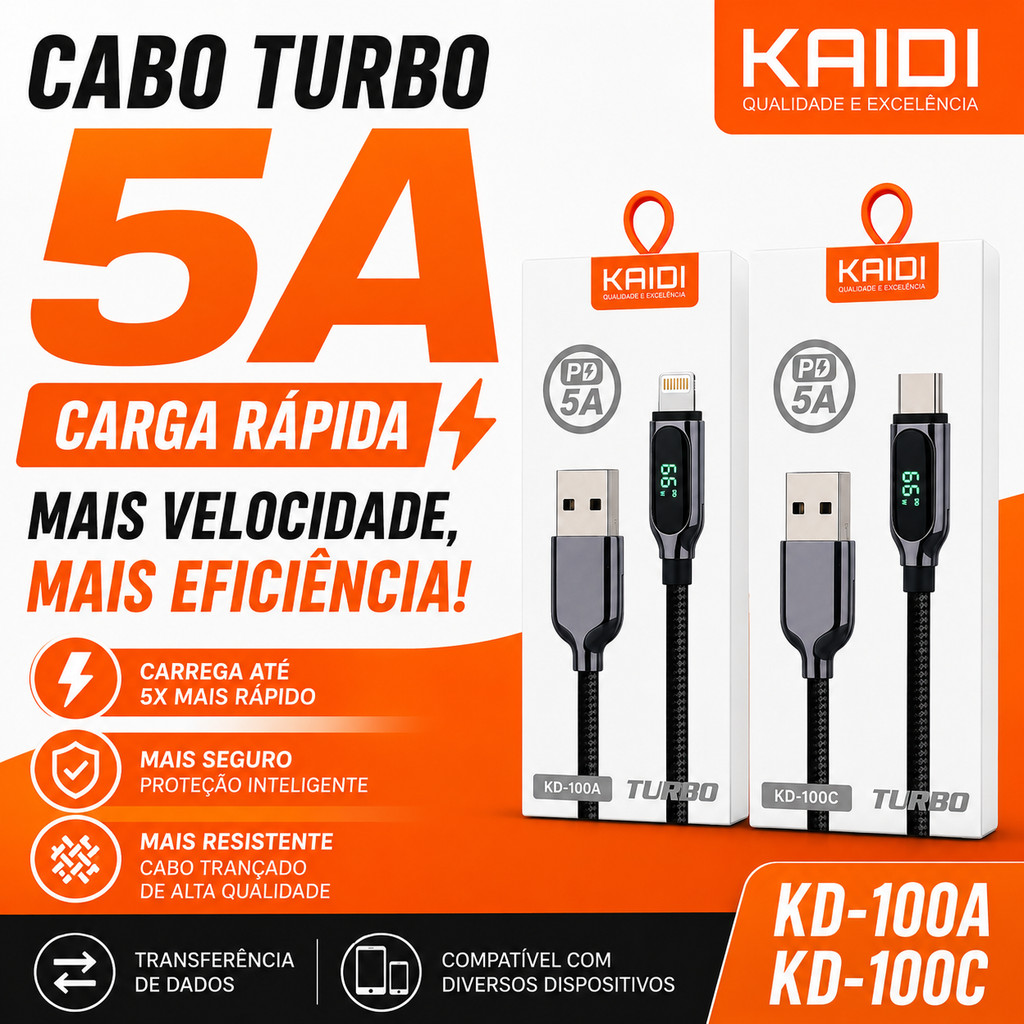CABO TURBO PD 5A COM DISPLAY DIGITAL Carregamento Ultrarrápido com Monitoramento em Tempo Real KD-100C(A) KAIDI