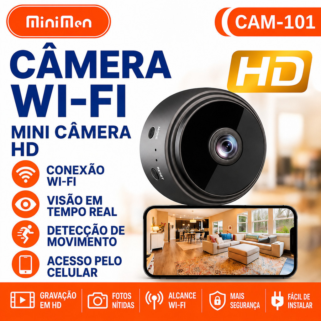 Mini Câmera Wi-Fi HD CAM-101 Monitoramento Remoto Detecção de Movimento Visão em Tempo Real
