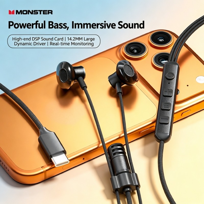 Fone de Ouvido Monster AE20 Tipo-C com Monitoramento em Tempo Real, Som Surround ACS, Cartão de Som DSP, Meio