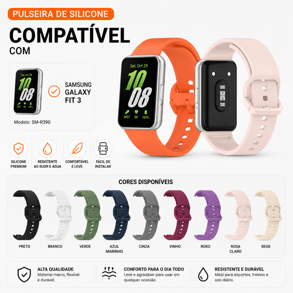 Pulseira para Samsung Galaxy Fit 3 Sm-R 390 Silicone Conector de metal Macia Ajustável e Durável