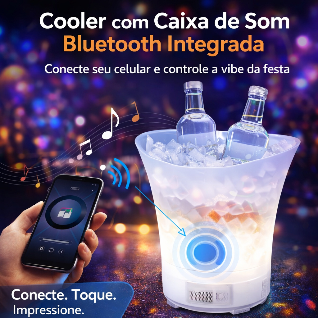 Cooler Led Iluminado Balde Drinks Festa Som Bluetooth Recarregavel Branco