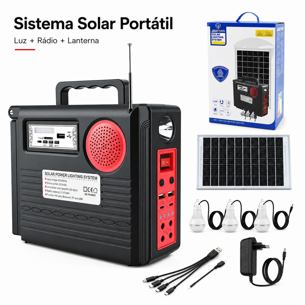Gerador Solar Portátil Com Caixa Bluetooth Rádio FM Lanterna E 3 Lâmpadas LED