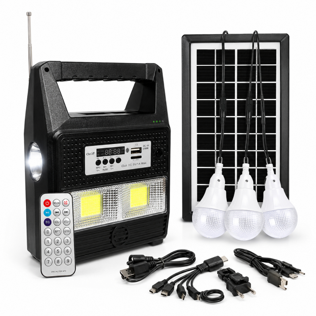 Kit Bateria Portátil Gerador Energia Lâmpada Led Painel Solar Bluetooth Rádio Usb Pesca Camping
