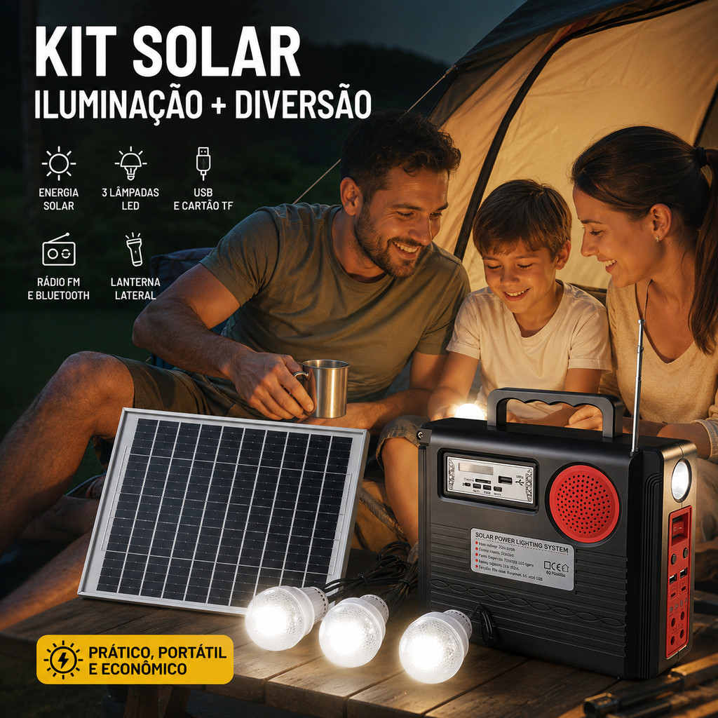 Kit Solar Completo com Painel Solar 3 Lâmpadas LED Rádio FM Bluetooth Portátil