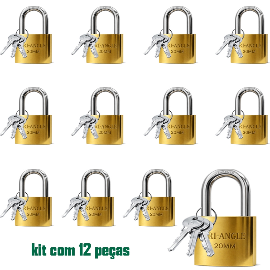 Kit com12 Cadeados de 20 milímetros. Dourado TRI-ANGLE Com 3 Chaves Cada Cadeado.