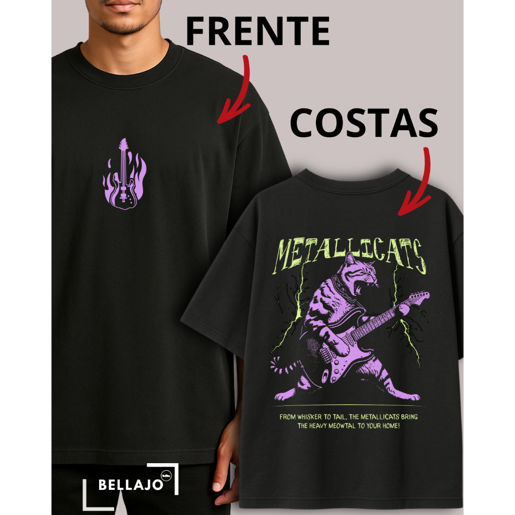 Camiseta Rock Oversized Masculina Premium Algodão Básica Academia Passeio Metallica Cats Banda