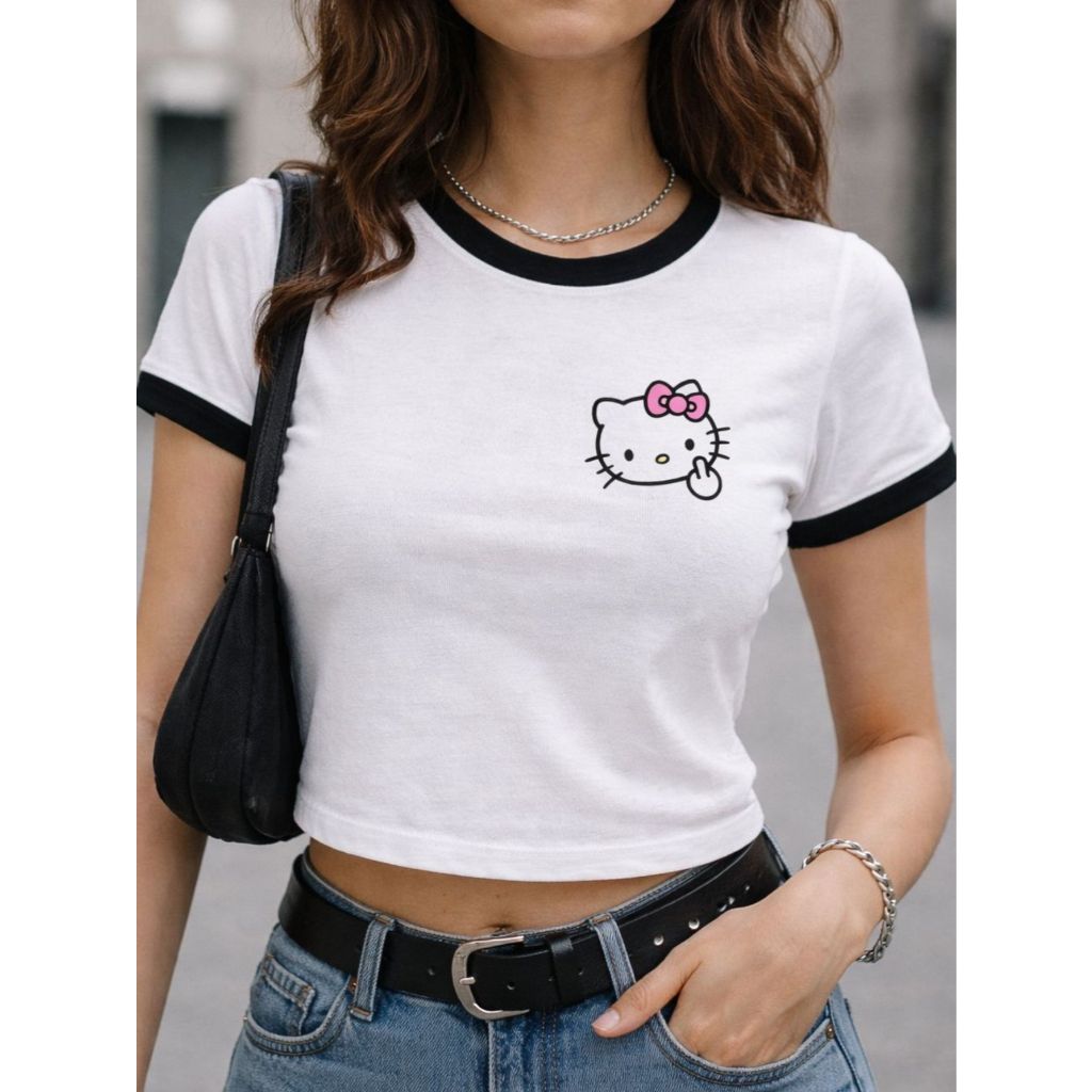 Cropped Blusinha As Braba Hello Kitty Dedo Branco Viés Preto