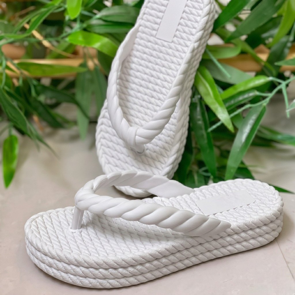 Sandália Feminina Confortável Trança Chinelo Dedo Trançado Plataforma Macia Antiderrapante Branco