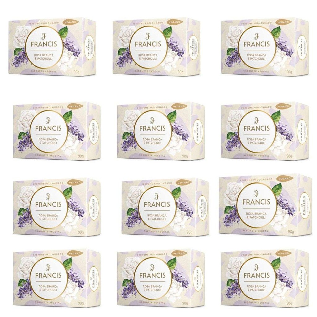 Kit com 12 Sabonetes Francis Rosa Branca e Patchouli em Barra 90g