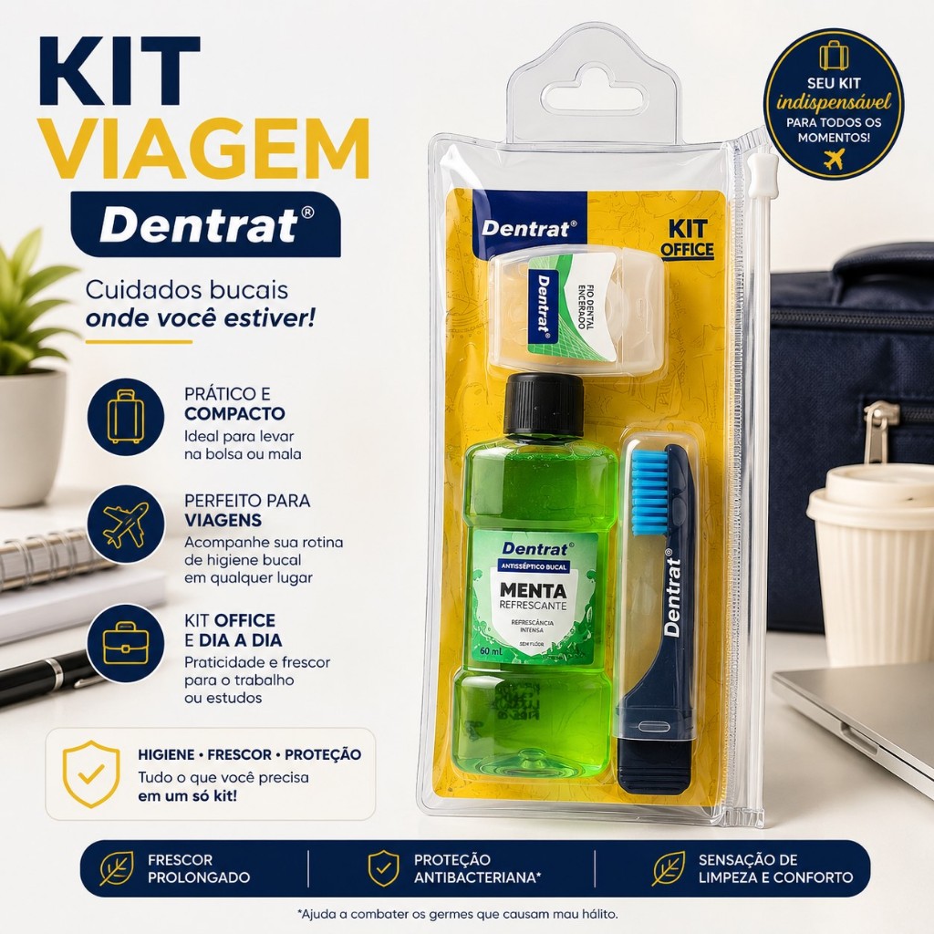 Dentrat Kit Viagem Office Fio Dental+Escova+Antisséptico 60ml