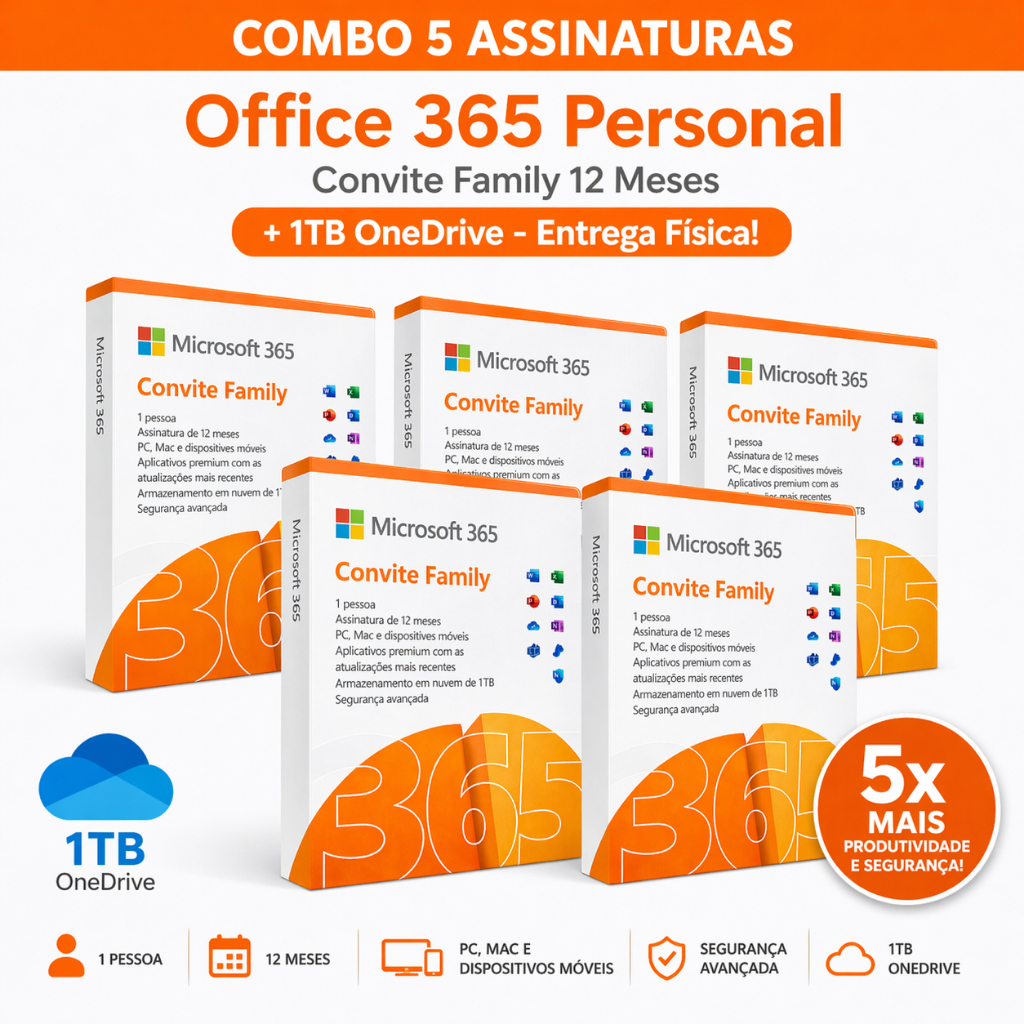 Combo 5 Assinaturas Office 365 Personal – Convite Family 12 Meses + 1TB OneDrive - Entrega Física!