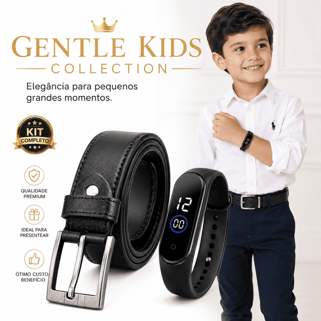 Kit Cinto Infantil Masculino Couro Ajustável + Relógio Smart Criança Menino Kids Premium