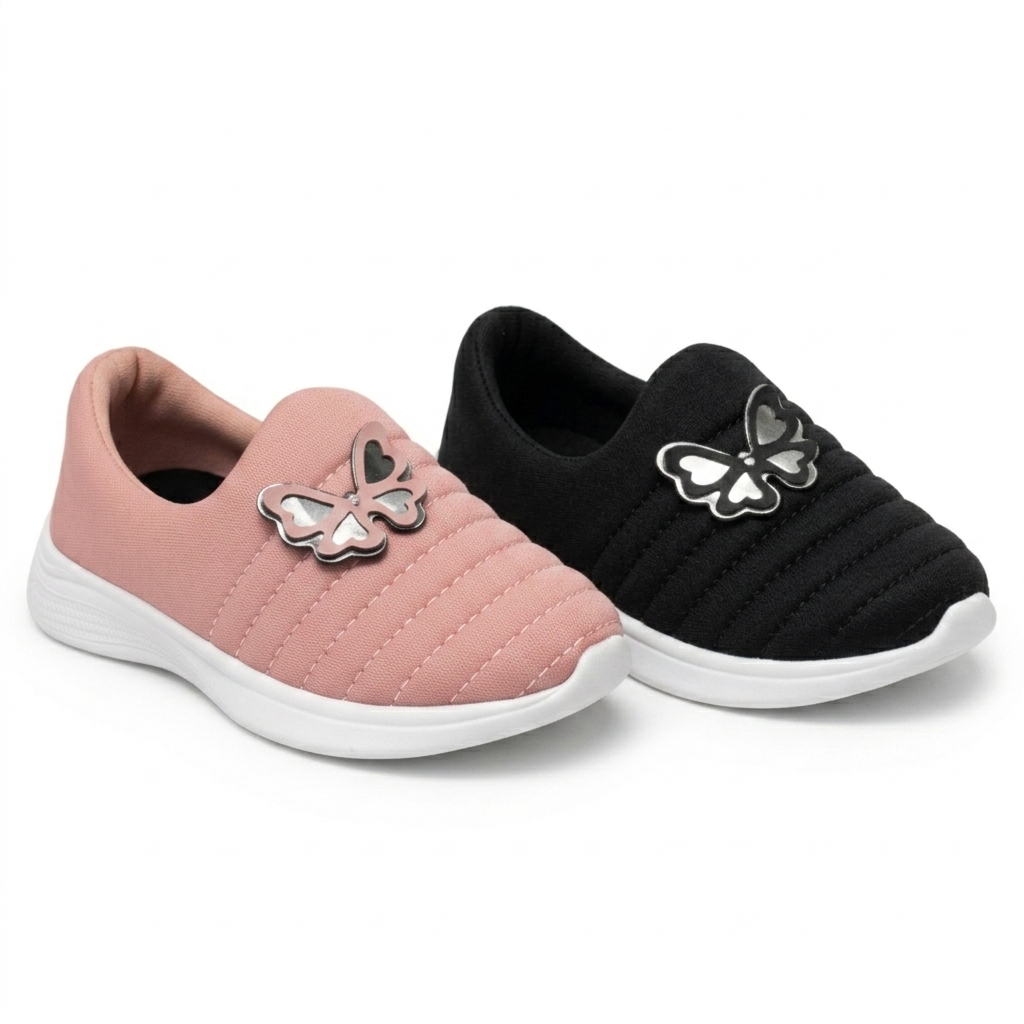 Tênis Infantil Menina Calce Fácil Flexível Rosa ou Preto com Borboleta Escolar