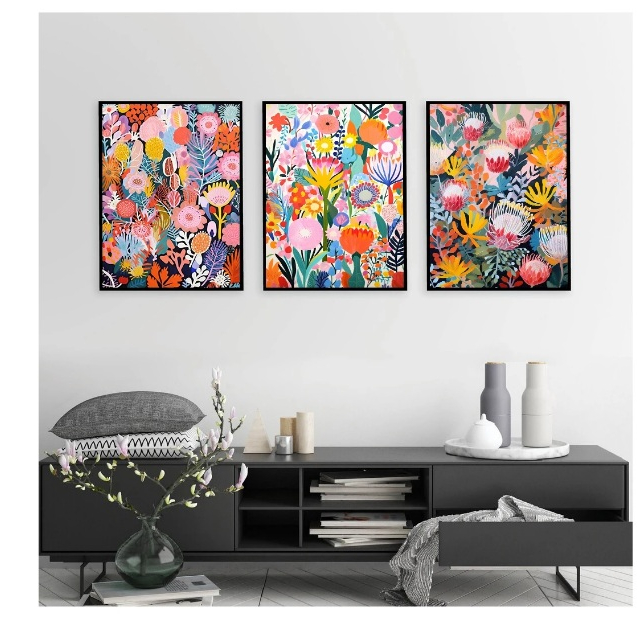 Quadros decorativos Abstrato Floral Boho Art Canvas Pintura, Matisse Flores, Botânico Modern (3 peças)