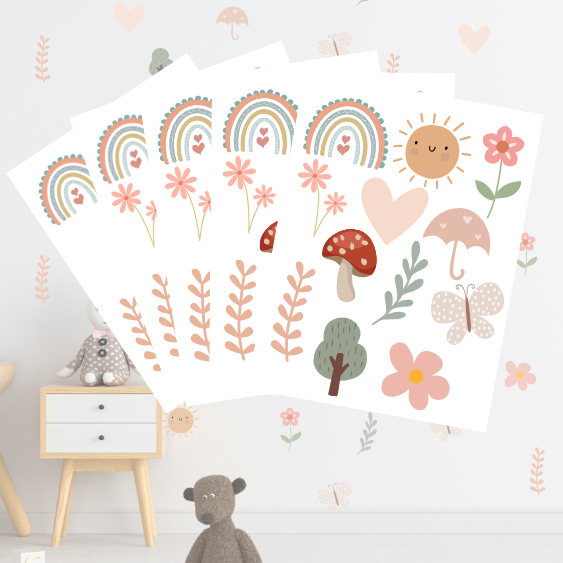 Adesivos de Parede Infantil Boho: Sol, Arco-Íris, Flores, Borboletas, Cogumelo, Coração, Árvores