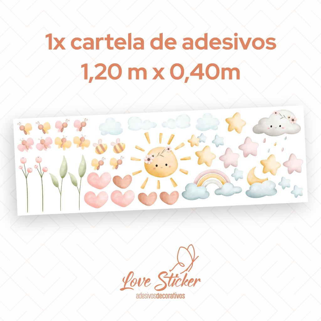 Adesivos de Parede Infantil Boho Aquarela Decoração Quarto Bebê – Sol, Nuvens, Flores e Corações