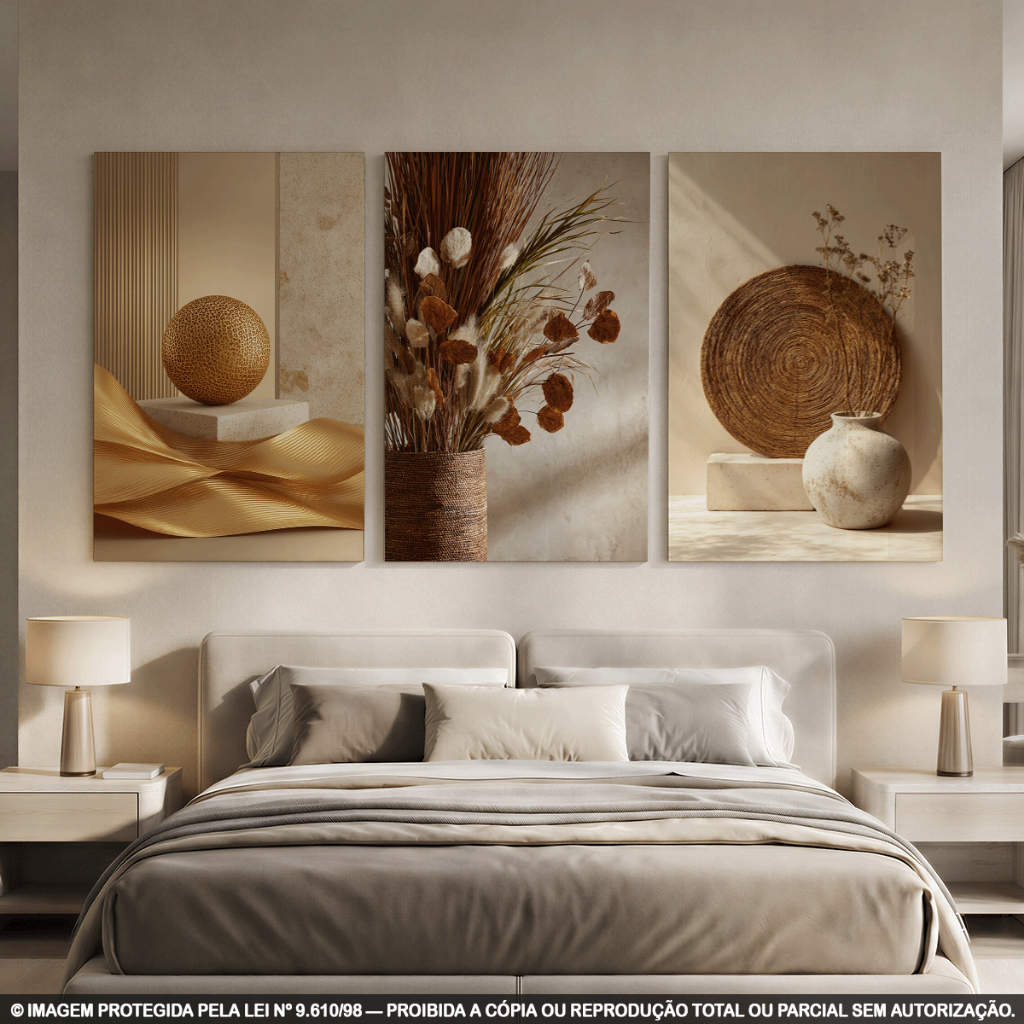 Kit 3 Quadros Decorativos Boho Luxo com Vasos, Flores Secas e Dourado para Sala