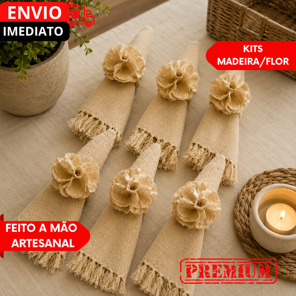 KIT PORTA GUARDANAPO FLOR RÚSTICA – DECORAÇÃO DE MESA CLÁSSICA BOHO LUXO