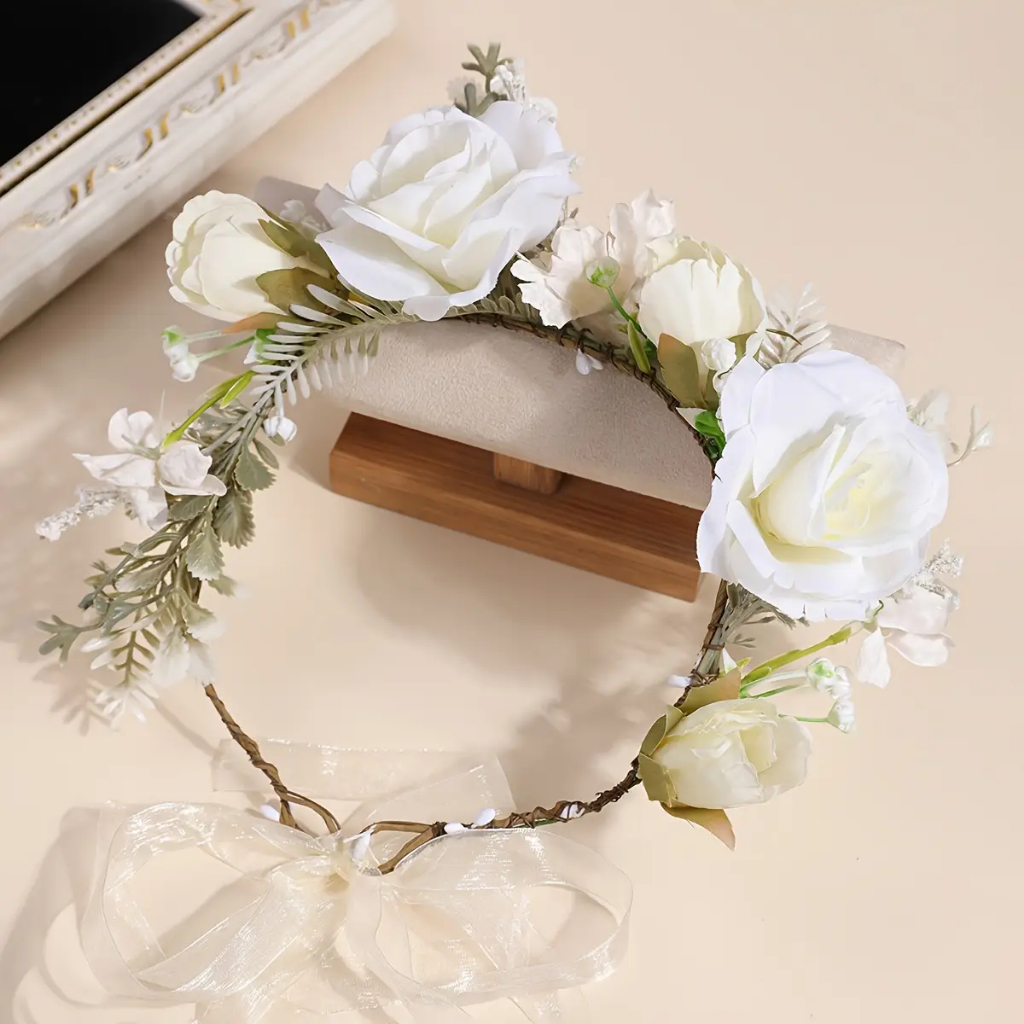 Coroa de Flores BRANCAS de Casamento Boho para Cabeça 1pc - Tema de Anime Acessório de Cabelo para Casamento com Rosas