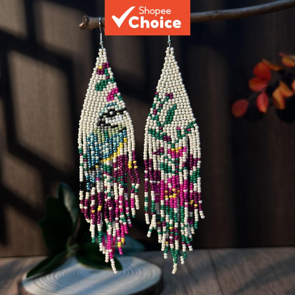 Brinco de miçangas com pingentes de pássaro e flor, design criativo, assimétrico, estilo boho, gancho, joia feminina,