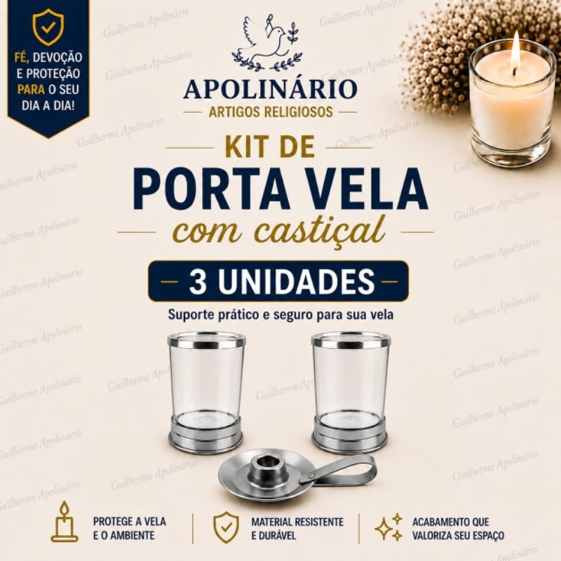 Kit C/ 2 Suportes de Vela 7 Dias, Protetor de Velas +1 Castiçal Vela fina