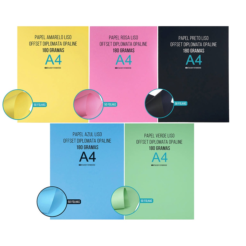 Papel Colorido Diplomata Opaline Offset Liso 180g A4 Massa Colorida 5 Cores Amarelo Azul Verde Rosa Preto 5x50 folhas