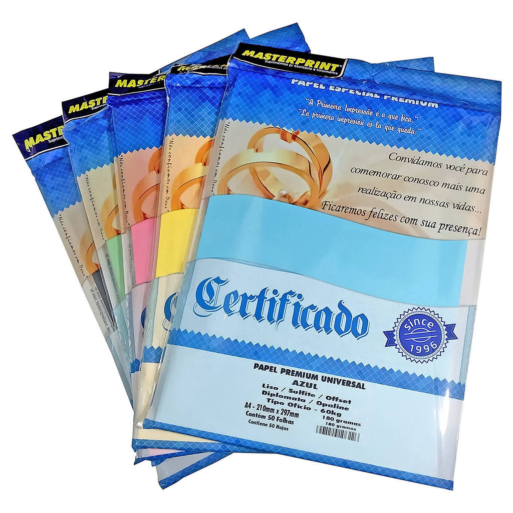 Papel Colorido Opaline Diplomata Offset Masterprint 180g A4 Amarelo Azul Verde Rosa Preto 5x50 Fls