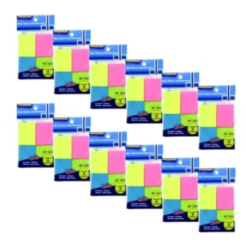 kit 12 x recado auto ades. neon 37,5x50 c/4x 100 fls. am/rs/az/vd. masterprint