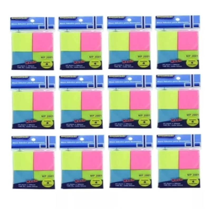 kit 12 x recado auto ades. neon 37,5x50 c/4x 100 fls. am/rs/az/vd. masterprint
