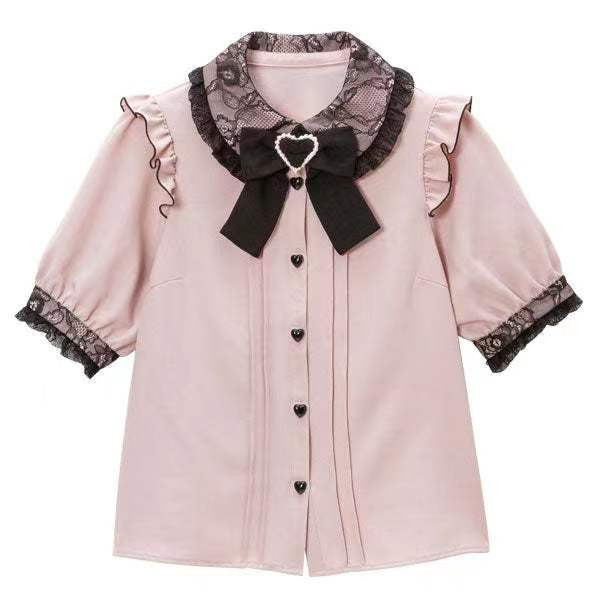 Jirai-kei Lolita Japonês Top Lace Pearl Camisa De Manga Curta Com Laço