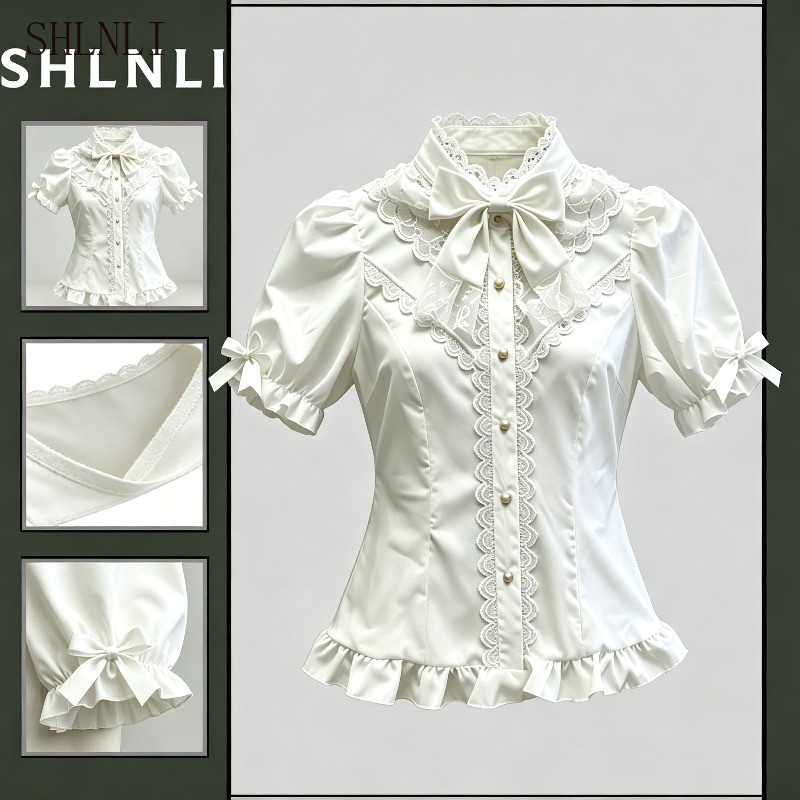 Arco Decoração Renda Guarnição Feminina Pérola Botões Camisa Primavera Verão Vintage Plissado Bainha Doce Lolita Blusa